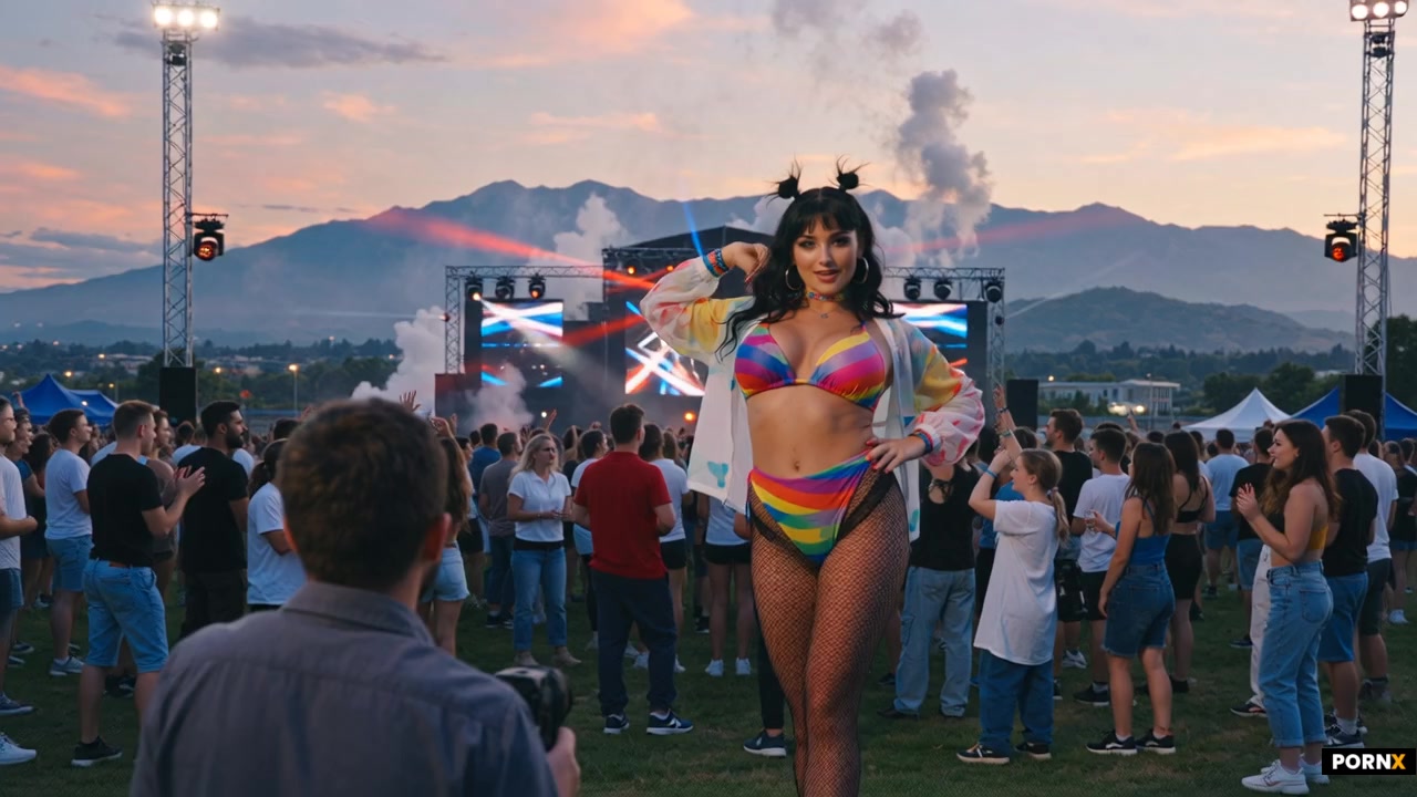 scene_description: A striking emo-styled woman dances confidently at an outdoor music festival set a