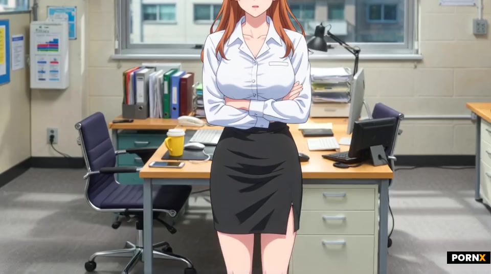 scene_description: A beautiful 25-year-old Japanese woman standing in front of desk with her arms fo