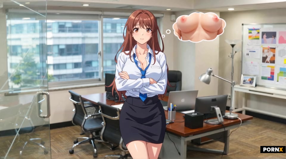 scene_description: A beautiful 25-year-old Japanese woman standing in front of desk with her arms fo