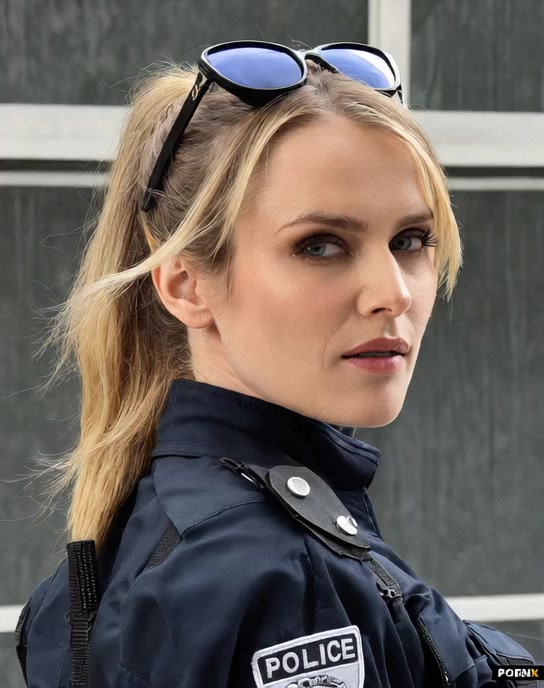 She wears her unbuttoned police uniform jacket