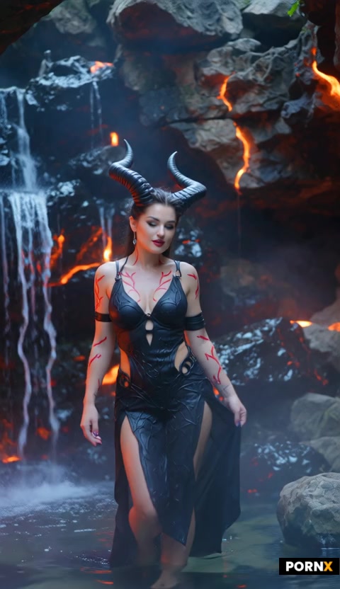 A demonic female figure with massive breasts emerges slowly from mist near a glowing waterfall in a 