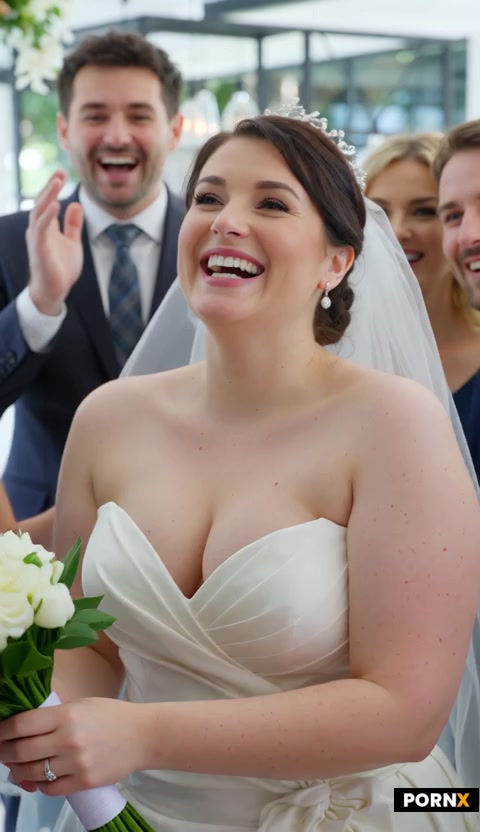 A chubby bride in a strapless wedding gown and wedding veil is at her crowded wedding party