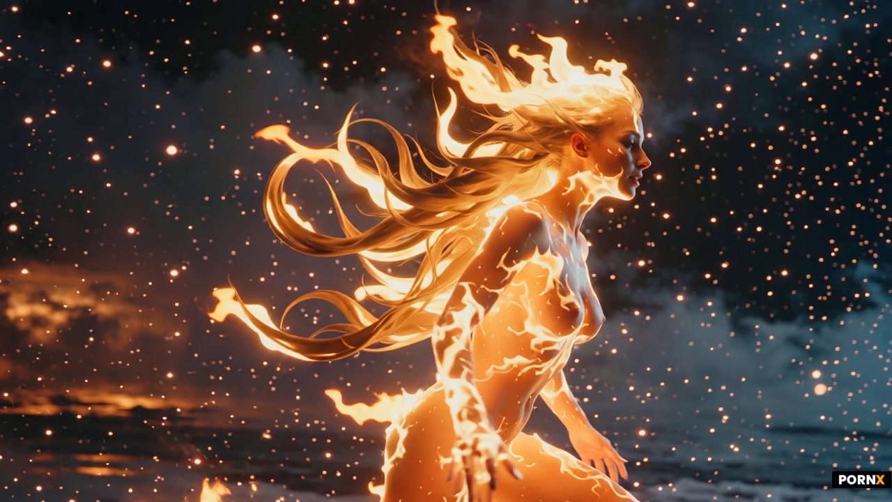 scene_description: A majestic elemental fire woman forms in the darkness