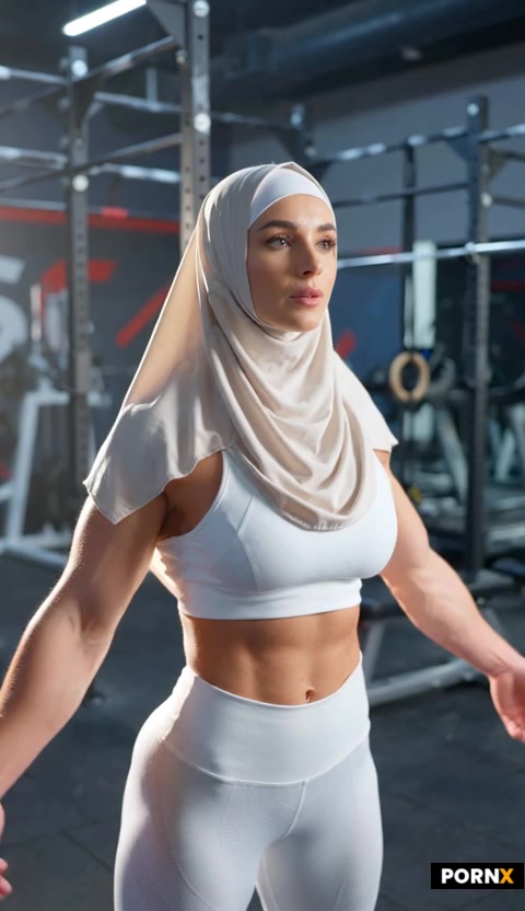A tall blonde woman wearing a white hijab