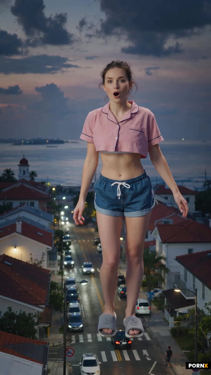 A cute 20-year-old adult woman wearing casual shorts and a comfortable crop-top pajama outfit stands