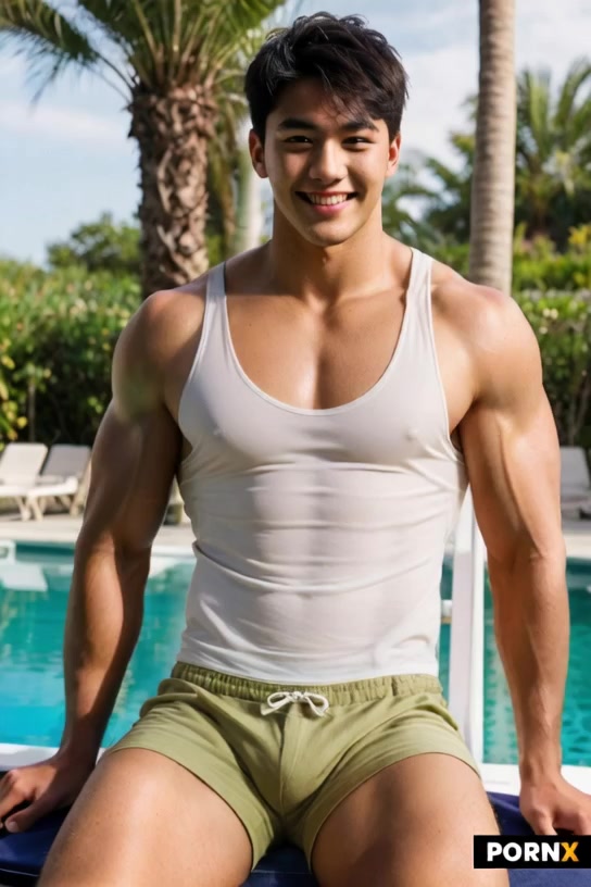 As he sits on the deck chair by the poolside and slips off his tank top