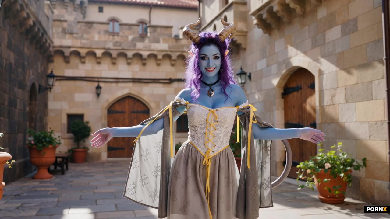 scene_description: A beautiful tiefling woman with blue skin