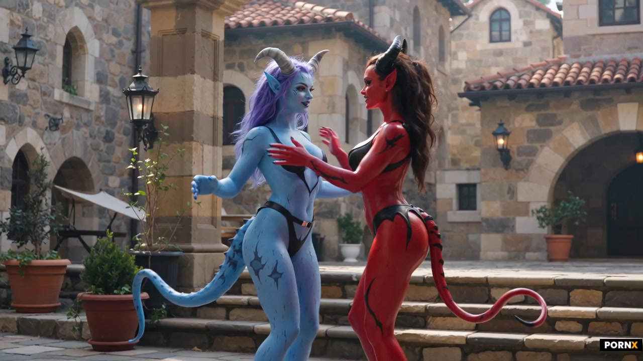 scene_description: A blue-skinned tiefling woman with curved horns