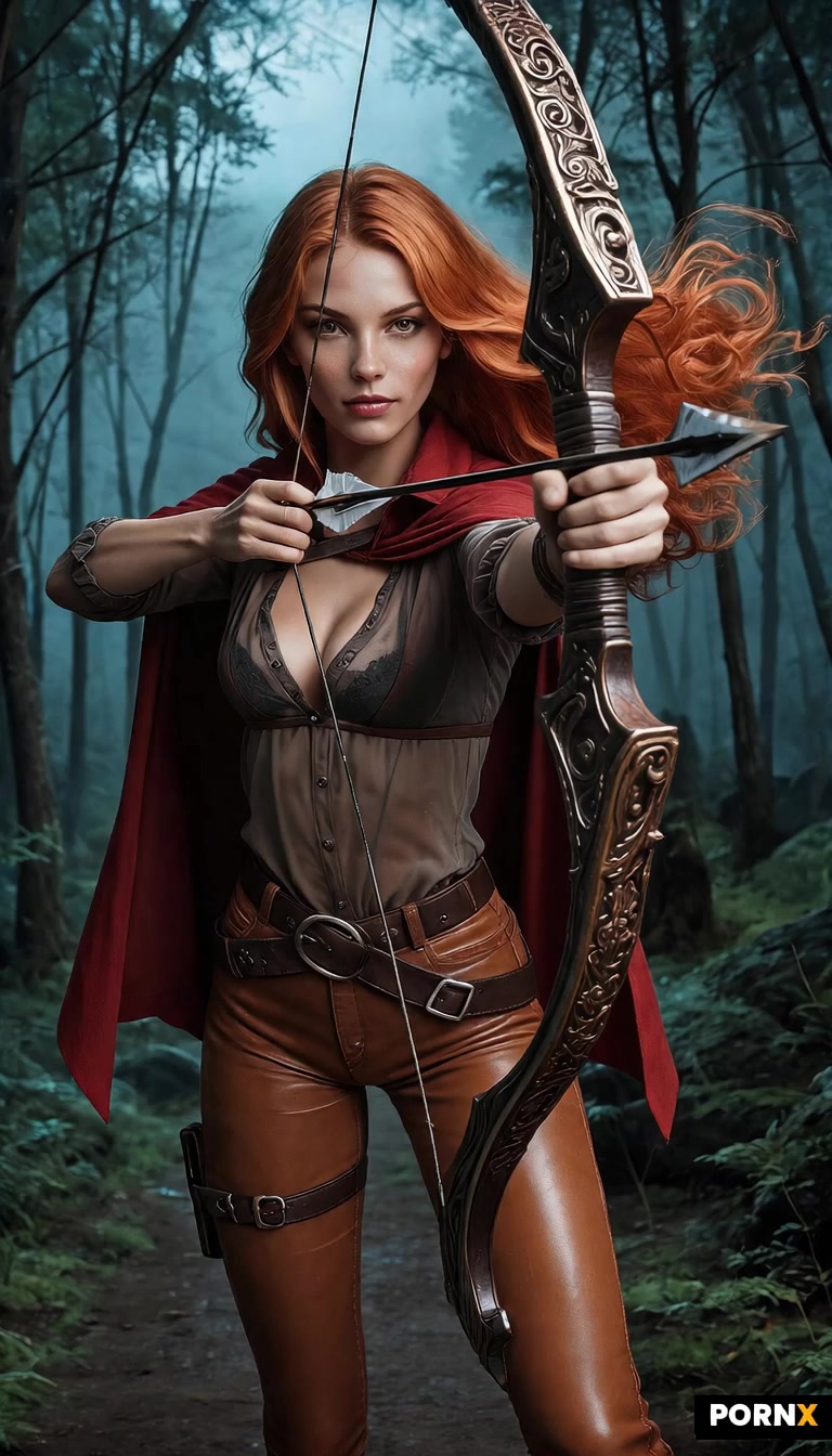her wild ginger hair blows in the strong wind