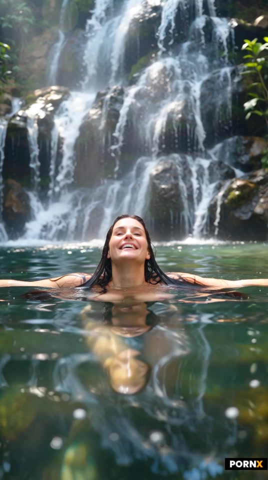 Ravishing brown hair 40yo girl emerging from crystal-clear lagoon
