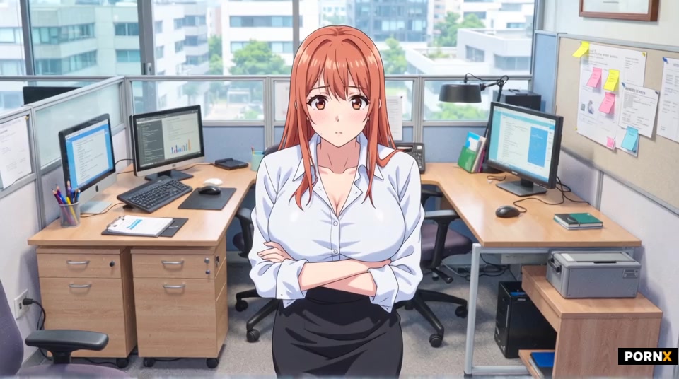 scene_description: A beautiful 25-year-old Japanese woman standing in front of desk with her arms fo