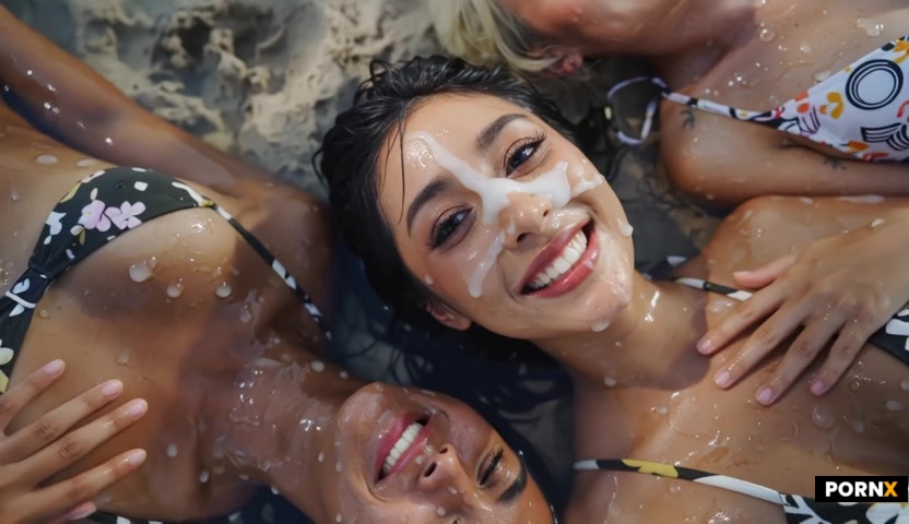 three cum covered dark skinned asian woman wearing a sexy tiny bikini