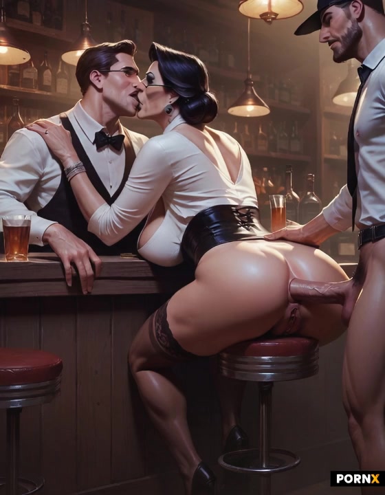 She kisses the bartender passionately while getting fucked hard in the ass