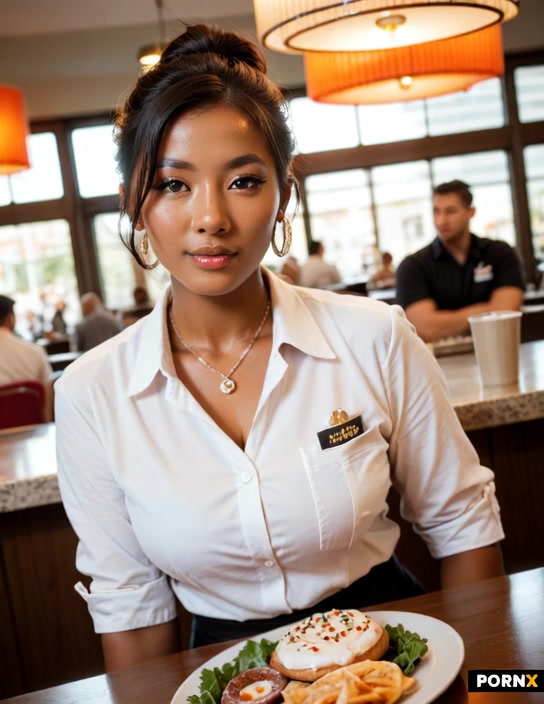she take a piece of food on the plate in front of her and bite it
