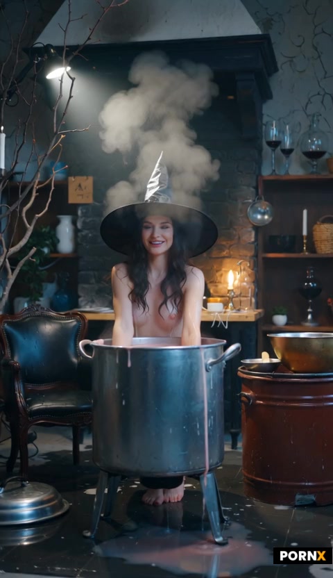fully naked ravishing gorgeous 30yo witch in a spooky witch hut