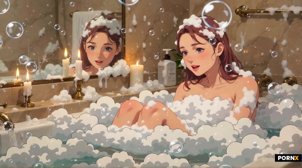 scene_description: A beautiful 25-year-old Japanese woman takes a foamy bubble bath in the bathtub